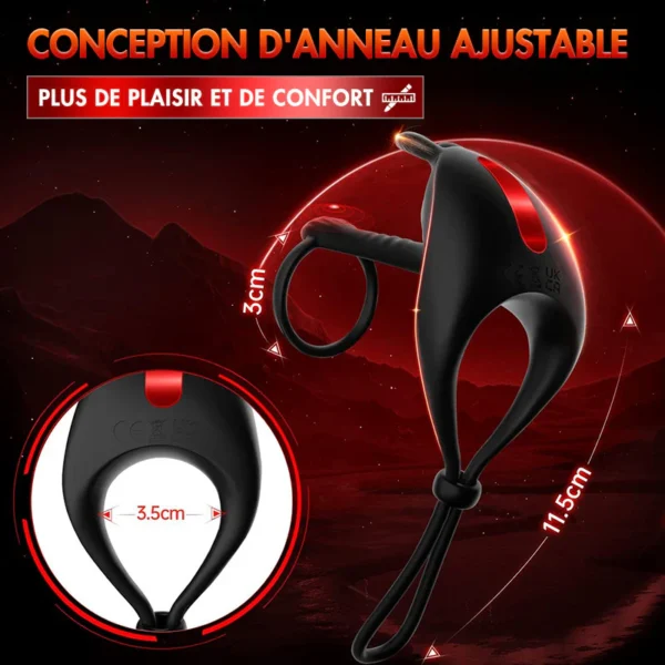 Anneau vibrant, jouet sexuel pour couples, double anneau de pénis extrême, anneau testiculaire, jouet sexuel, anneau en silicone, jouet sexuel vibrant pour hommes avec 7 modes de vibration, Contitop Noir – Image 6